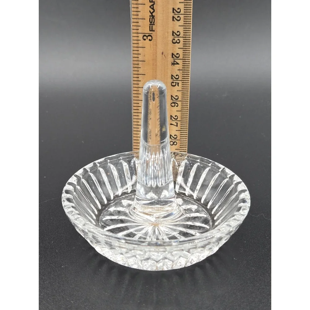 Vtg Clear Pressed Etched Glass Ring Holder Sunburst Base Jewelry Trinket Dish